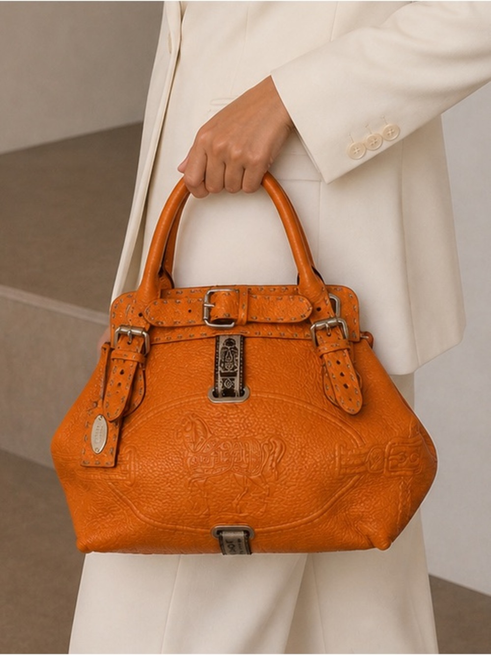 FENDI Orange Selleria Leather Villa Borghese Tote Handbag